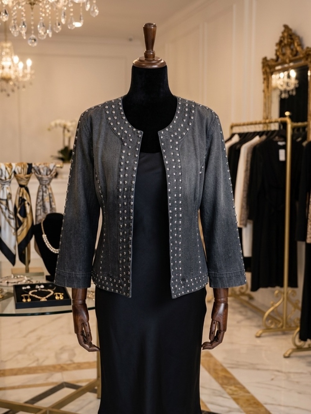 Women's Black Studded Open-Front Jacket